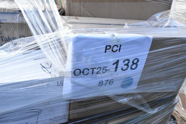 Stacked boxes wrapped in plastic labeled "PCI OCT25-138 876". Contains new scratch and dent items like cups and bags.