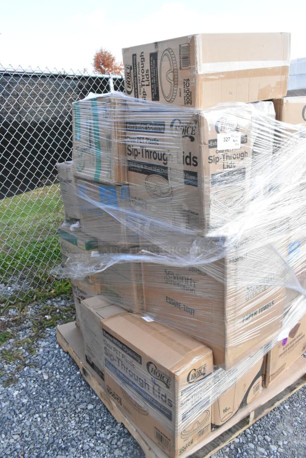 Palette of 24 new scratch and dent items including cup lids, packaging pouches, T-shirt bags; sealed in plastic wrap.