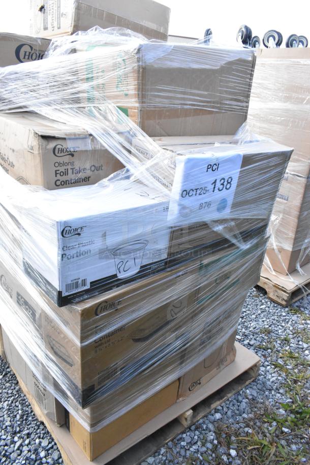 Pallet of 24 new scratch and dent items including cold cups, hot cups, pouches, bags. Choice brand, boxed and wrapped.