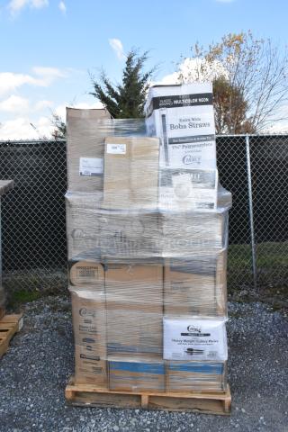 Auction pallet of 34 new items, including gloves, portion cups, take-out lids, churro bags. Some boxes are scratched or dented.