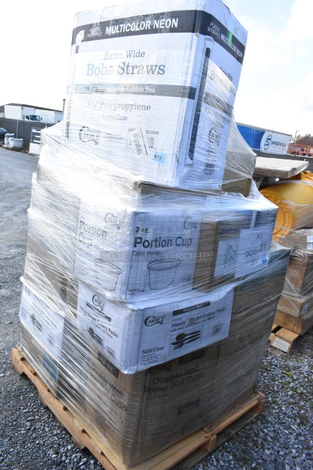 Plastic-wrapped pallet of assorted items including gloves, portion cups, lids, and churro bags. Mixed conditions, some scratch and dent.