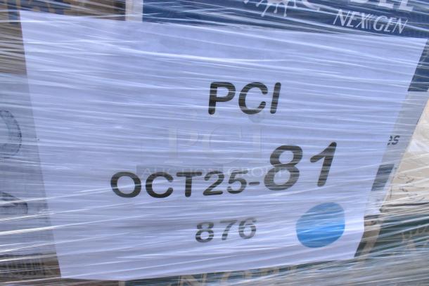 Pallet of 34 brand new items with minor scratches and dents, including gloves, portion cups, and churro bags. Marked "PCI OCT25-81 876".