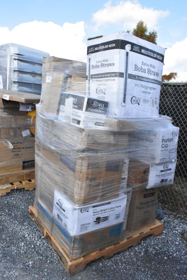Pallet of new scratch and dent items including boba straws, gloves, portion cups, and take-out lids; wrapped and labeled.
