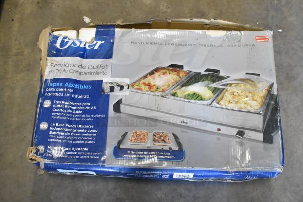 2 Oster F227JN countertop heated food warmers in original, slightly damaged packaging. Three 2.5 qt. removable trays, adjustable temperature.