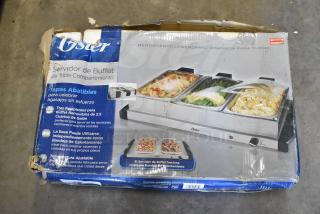 2 Oster F227JN countertop heated food warmers in original, slightly damaged packaging. Three 2.5 qt. removable trays, adjustable temperature.