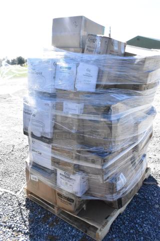 Pallet of 34 new scratch and dent items including plates, cups, and lids. Boxes labeled Choice brand. Wrapped in plastic.