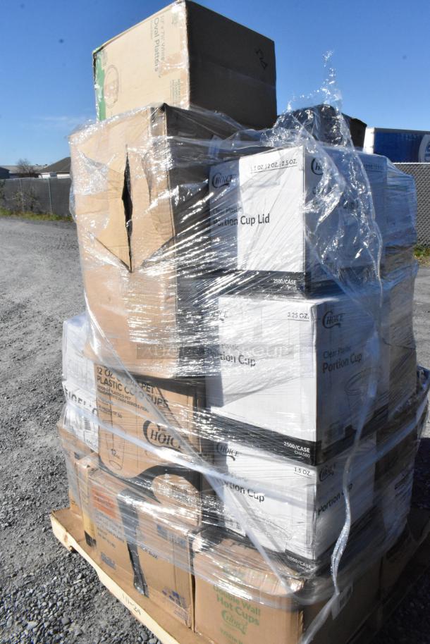 Pallet of 34 new scratch and dent items including plates, cold cups, pan lids, T-shirt bags, and bakery boxes, wrapped in plastic.