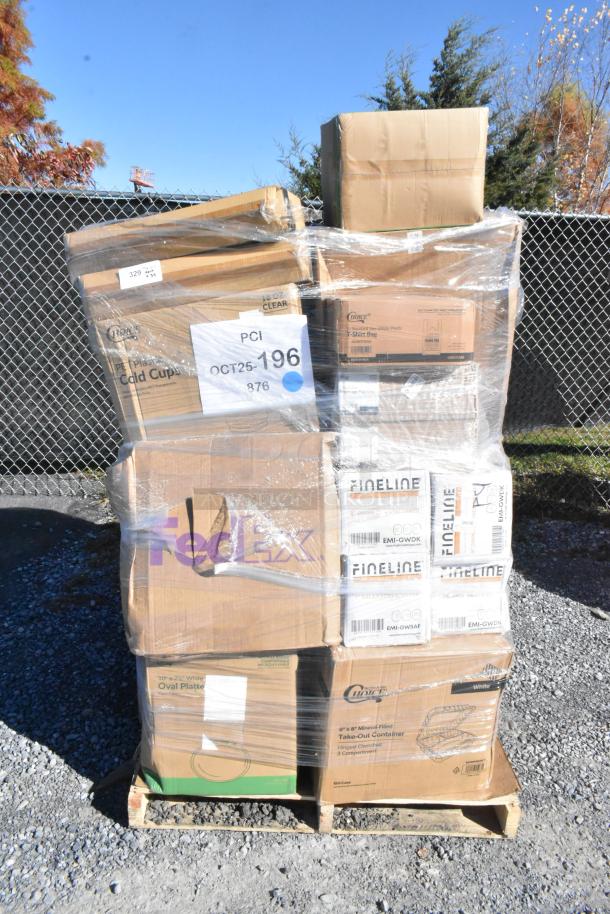 Pallet of 34 new scratch and dent items, including plates, cold cups, steam table pan lids, and bakery boxes. Various labeled boxes.