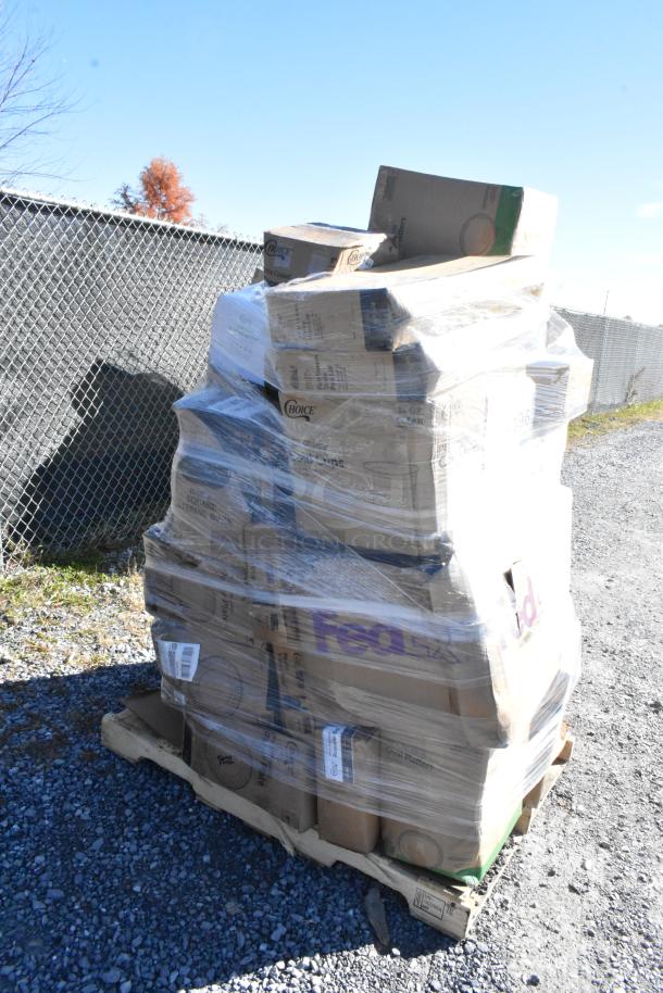 Pallet of 34 scratch and dent items, including plates, cold cups, steam table pan lids, T-shirt bags, bakery boxes. Wrapped in plastic.