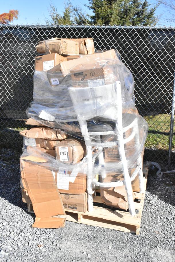 Pallet of 28 mixed items, including wine glasses and burger press, in new scratch and dent condition, wrapped in plastic.