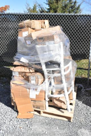Pallet of 28 mixed items, including wine glasses and burger press, in new scratch and dent condition, wrapped in plastic.