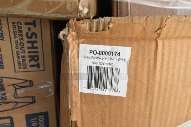 Cardboard box with barcode label PO-0000174, reading "Magnificence 24x40 Inch - WHITE." Scratch and dent condition.