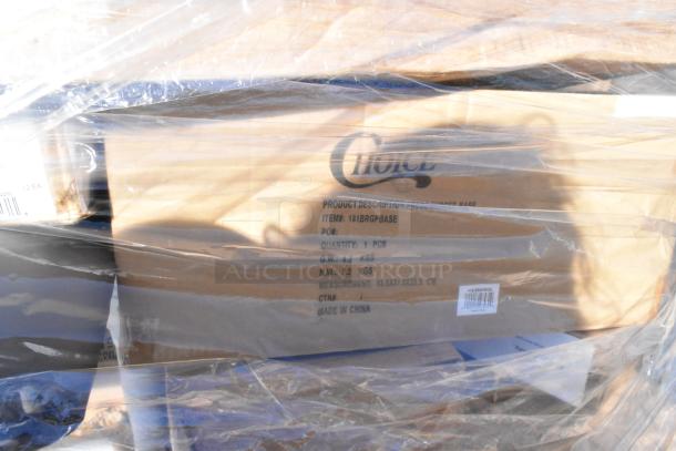 Cardboard box labeled "Choice" with item number 181BRGPBASE, measurements, and made in China. Wrapped in protective plastic.