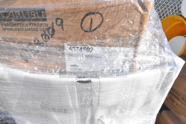 Packaged lot of 28 new items including wine glasses and burger press. Box label: Carlisle FoodService Products, made in China.