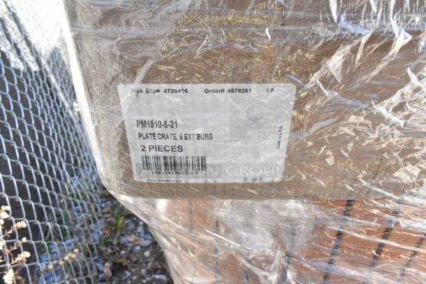 Scratch and dent items package with label: PM1510-5-21, Plate Crate, 6 Ext Burg. Includes 2 pieces, wrapped in plastic.