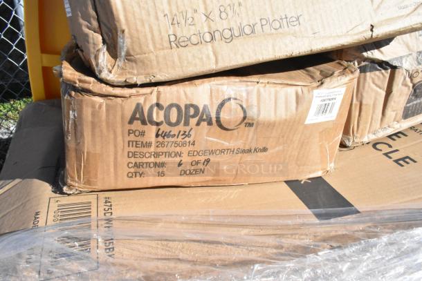 Cardboard boxes labeled Acopa, containing Edgeworth steak knives, cartons 6 of 19, quantity 15 dozen, in new condition.