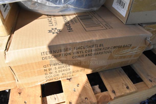 Box of Lancaster vinyl cushions for cross back chairs and barstools, item 164CUSHMTLBL, blue color, 4 pieces.