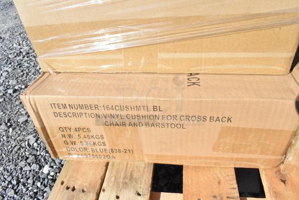 Cardboard box labeled "Vinyl Cushion for Cross Back Chair and Barstool," item 164CUSHMTL BL, 4 pieces, color blue.
