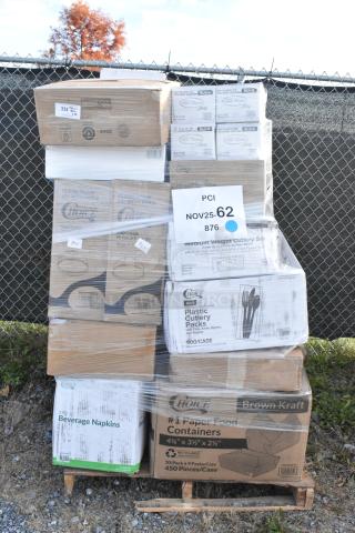 Stack of boxed items on a pallet, including portion cups, napkins, cold cups, hot cups, lids, and cutlery. Some boxes have visible product labels and tags. Items are brand new, labeled "scratch and dent."