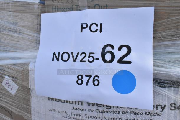 Pallet of 38 new scratch and dent items, including portion cups, napkins, and lids. Marked “NOV25-62.”