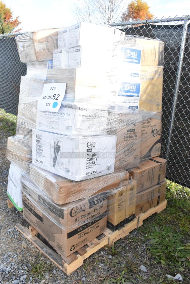 Pallet of 38 scratch and dent items including portion cups, napkins, cold cups, hot cups, lids, containers, and gloves.