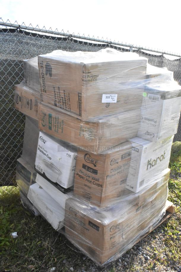 Pallet of assorted scratch and dent items including foil, gloves, can liners, portion cups, and T-shirt bags, shrink-wrapped.