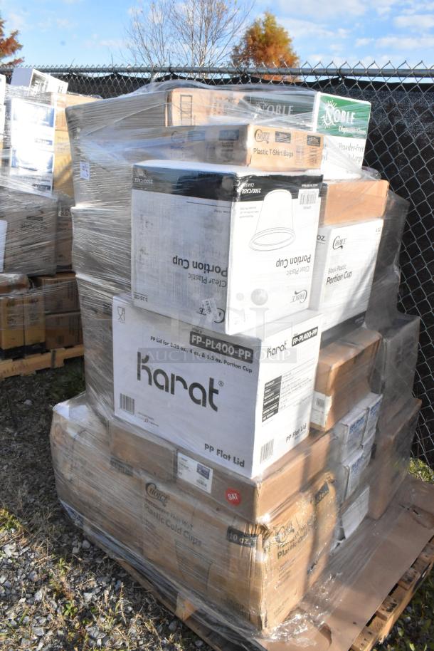 Pallet of 34 scratch and dent items including Karat portion cups, Noble gloves, and foil. Wrapped and labeled in boxes.