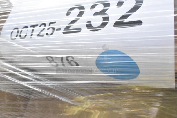 Clear wrapped pallet labeled "OCT25-232, 876," containing 34 brand new scratch and dent items like foil and gloves.