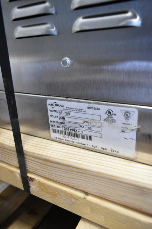BRAND NEW Alto Shaam AR-7EVH Stainless Steel Rotisserie Oven, 7 spit, 240V, 1 phase, model label visible.