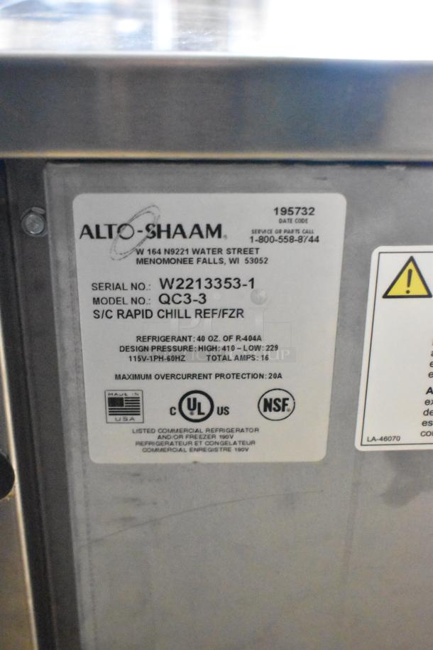 Alto Shaam QC3-3 stainless steel blast chiller, new in box, 7" touch screen, 115V, single door, with labels and specs.