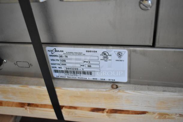 Brand new Alto Shaam AR-7H stainless steel heated cabinet, model details and specifications tag shown.