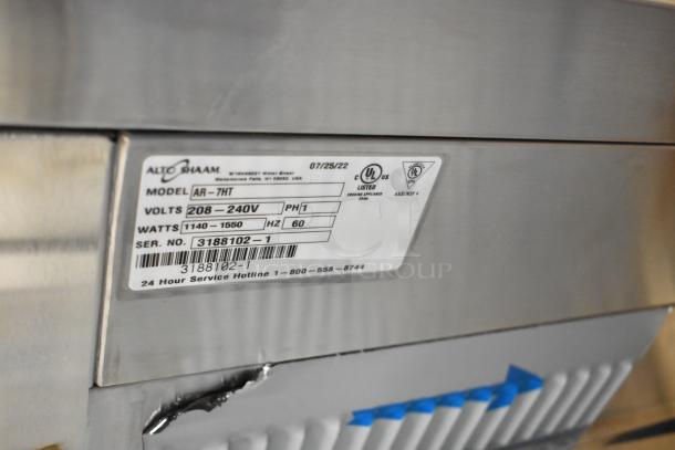 BRAND NEW Alto Shaam AR-7HT stainless steel heated cabinet. Model info shows 208-240 Volts, 8 pan capacity.