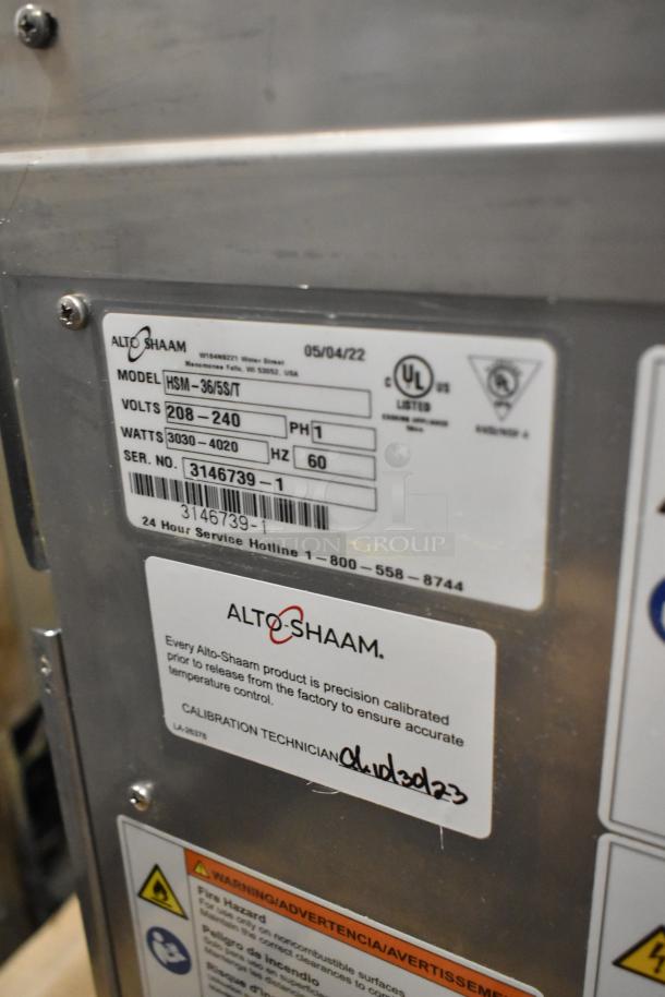 BRAND NEW 2022 Alto Shaam HSM-36/5S/T Hot Food Display, stainless steel, 208-240V, label shows model and voltage details.