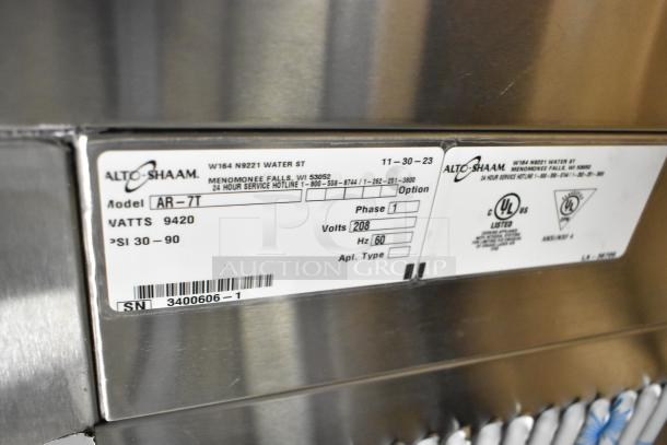 BRAND NEW Alto Shaam AR-7T electric rotisserie oven, stainless steel, 208V, 1 phase, model details and service info visible.