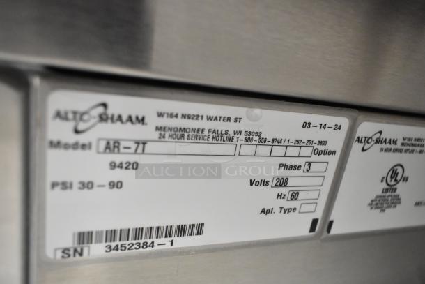 Alto Shaam AR-7T label, stainless steel, 208V, 3-phase, commercial electric rotisserie oven, scratch and dent, SN 3452384-1.