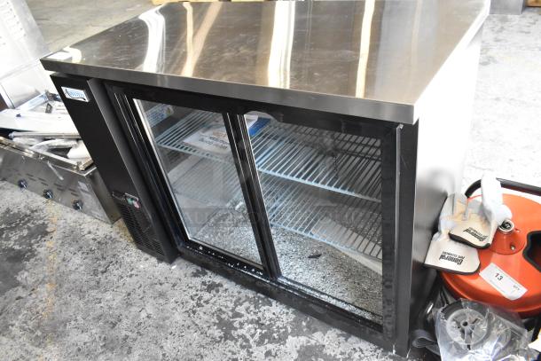 BRAND NEW SCRATCH AND DENT! 2024 Avantco 178UBB48SHC 48" Black Counter Height Narrow Sliding Glass Door Back Bar Refrigerator with LED Lighting. See Pictures for Broken Glass. 115 Volts, 1 Phase. Tested and Powers On But Does Not Get Cold - Image 2 of 7