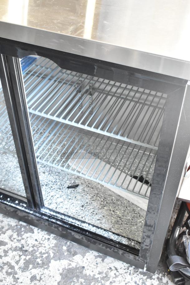 BRAND NEW SCRATCH AND DENT! 2024 Avantco 178UBB48SHC 48" Black Counter Height Narrow Sliding Glass Door Back Bar Refrigerator with LED Lighting. See Pictures for Broken Glass. 115 Volts, 1 Phase. Tested and Powers On But Does Not Get Cold - Image 3 of 7