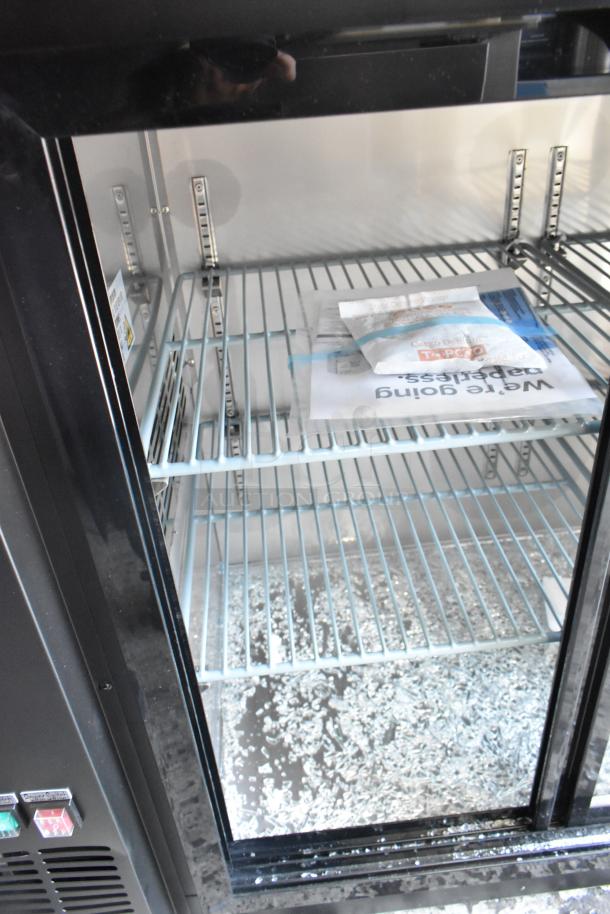 BRAND NEW SCRATCH AND DENT! 2024 Avantco 178UBB48SHC 48" Black Counter Height Narrow Sliding Glass Door Back Bar Refrigerator with LED Lighting. See Pictures for Broken Glass. 115 Volts, 1 Phase. Tested and Powers On But Does Not Get Cold - Image 5 of 7