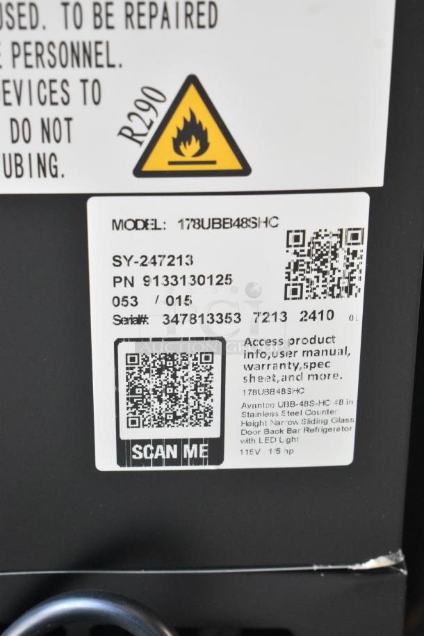BRAND NEW SCRATCH AND DENT! 2024 Avantco 178UBB48SHC 48" Black Counter Height Narrow Sliding Glass Door Back Bar Refrigerator with LED Lighting. See Pictures for Broken Glass. 115 Volts, 1 Phase. Tested and Powers On But Does Not Get Cold - Image 7 of 7