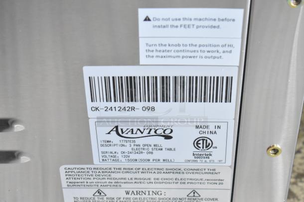 BRAND NEW SCRATCH AND DENT! 2024 Avantco 177STE3S Stainless Steel Three Pan Open Well Electric Steam Table with Undershelf. 120 Volts, 1 Phase. - Image 9 of 9