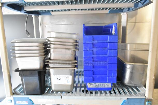 ALL ONE MONEY! Tier Lot of Various Items Including Stainless Steel and Poly Drop In Bins. - Image 1 of 3