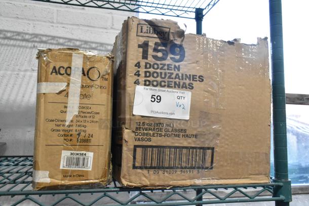 2 BRAND NEW SCRATCH AND DENT! Items Including 303KSE4 Acopa 4" Bright White Square Porcelain Plate - 72/Case and Libbey 159 Heavy Base 12.5 oz. Beverage Glass - 48/Case. 2 Times Your Bid! - Image 1 of 10