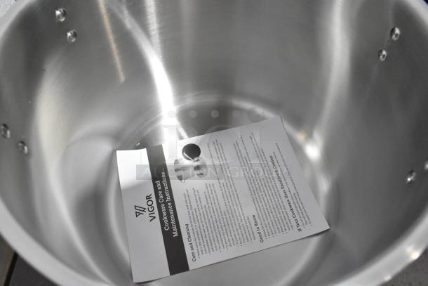 BRAND NEW Vigor 473SSPOT32 SS1 32 Qt. Heavy-Duty Stainless Steel Aluminum-Clad Stock Pot, visible care instructions inside.
