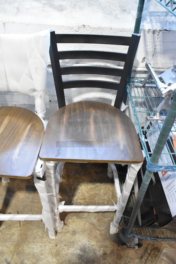 2 BRAND NEW SCRATCH AND DENT! 164BMTLADFR Black Metal Bar Height Ladder Back Chair w/ Wooden Seat. 2 Times Your Bid! - Image 1 of 5