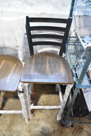 2 BRAND NEW SCRATCH AND DENT! 164BMTLADFR Black Metal Bar Height Ladder Back Chair w/ Wooden Seat. 2 Times Your Bid! - Item #1193063