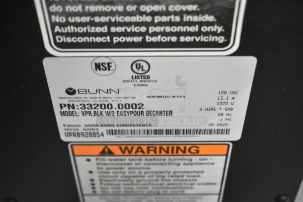 2020 Bunn VPR Stainless Steel Commercial 2 Burner Coffee Machine w/ Poly Brew Basket. 120 Volts, 1 Phase. - Image 6 of 7