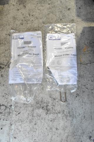 Lot of 2 Miroil BF1A Holder/Frames for filter bags, packaged, with labels showing model and item numbers. Ideal for commercial use.