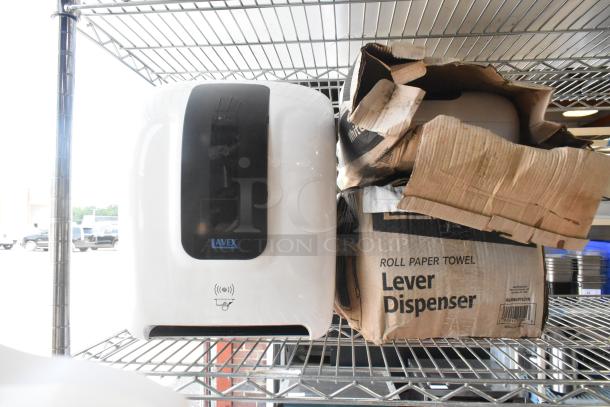 3 BRAND NEW SCRATCH AND DENT! Items Including 66AWLPTLEVR Lavex White Lever-Activated Paper Towel Dispenser, 66AWLPTFOLDMC Lavex White Plastic C-Fold / Multifold Paper Towel Dispenser. 3 Times Your Bid! - Image 1 of 6