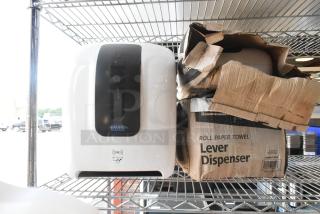 3 BRAND NEW SCRATCH AND DENT! Items Including 66AWLPTLEVR Lavex White Lever-Activated Paper Towel Dispenser, 66AWLPTFOLDMC Lavex White Plastic C-Fold / Multifold Paper Towel Dispenser. 3 Times Your Bid! - Item #1193265
