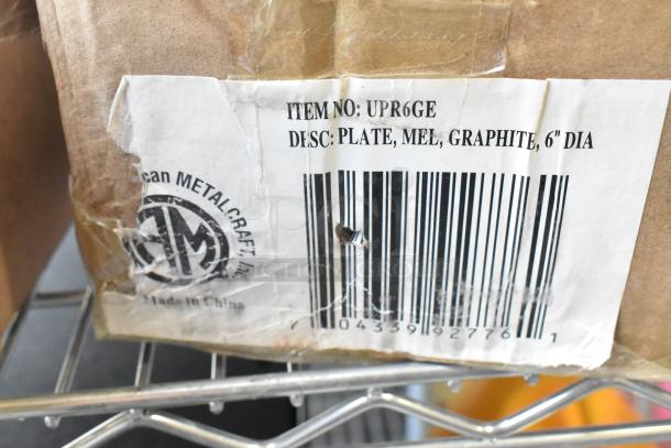 Cardboard box with label showing "UPR6GE Plate, Melamine, Graphite, 6-inch Dia" from American Metalcraft Inc.